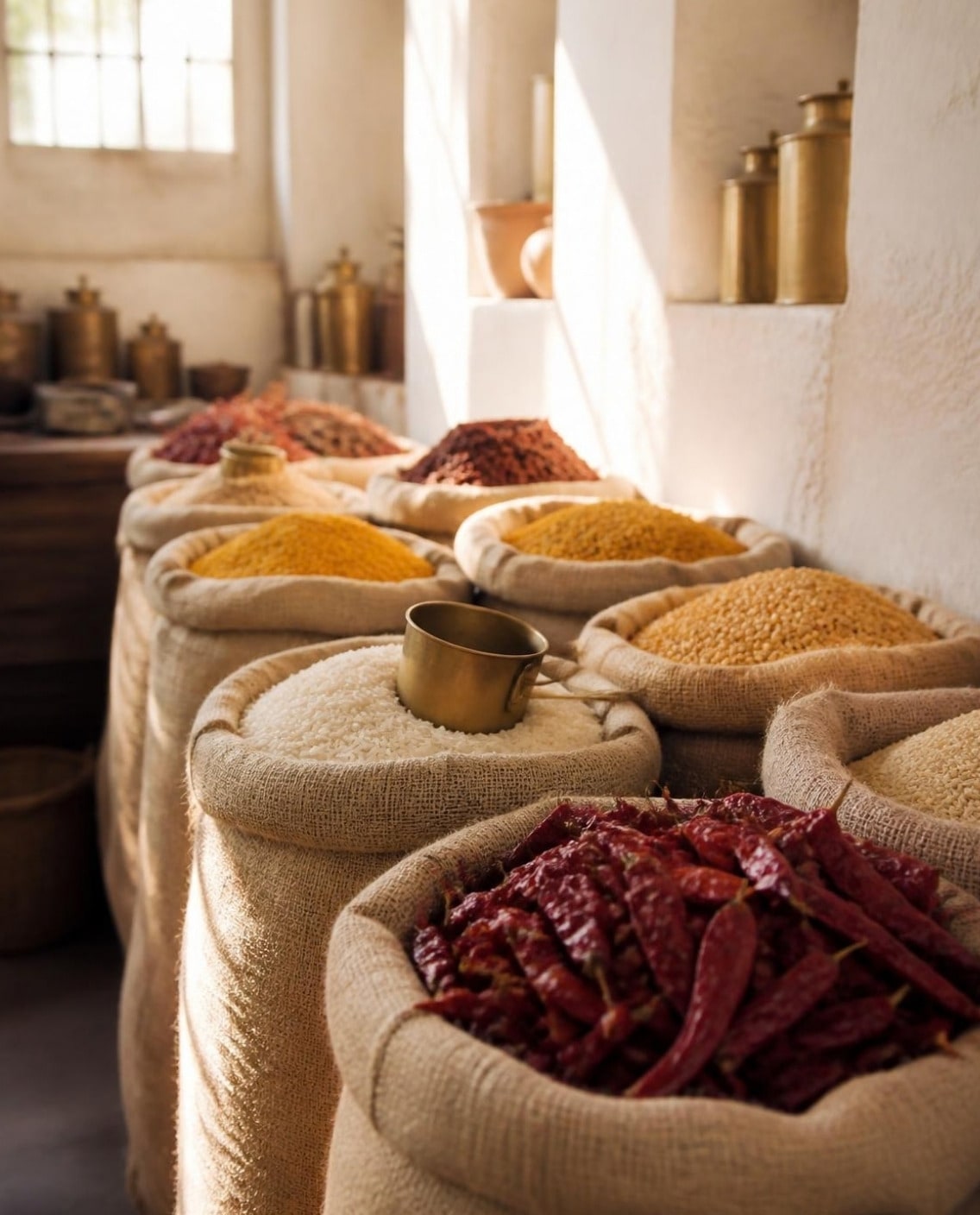 Open jute sacks of dried chillies, rice, lentils and spices in a sunlit Indian store